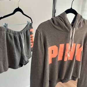 PINK Victoria's Secret Cropped Hoodie and Shorts Set - Grey with Coral Logo